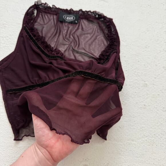 Cider Mesh Velvet Trim Crop Top Sheer Stretchy Burgundy M-L - Picture 3 of 5